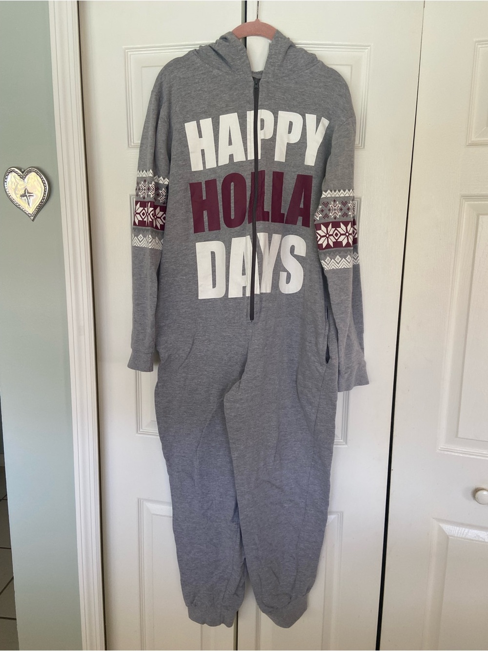 Rue21 Grey Hooded Holiday Onesie with Burgundy and White Accents